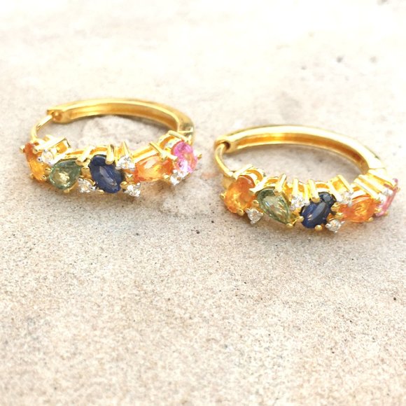 Rainbow Sapphire Gold Vermeil Hoop Earrings Genuine Gemstones Blue Pink Orange - Picture 5 of 16